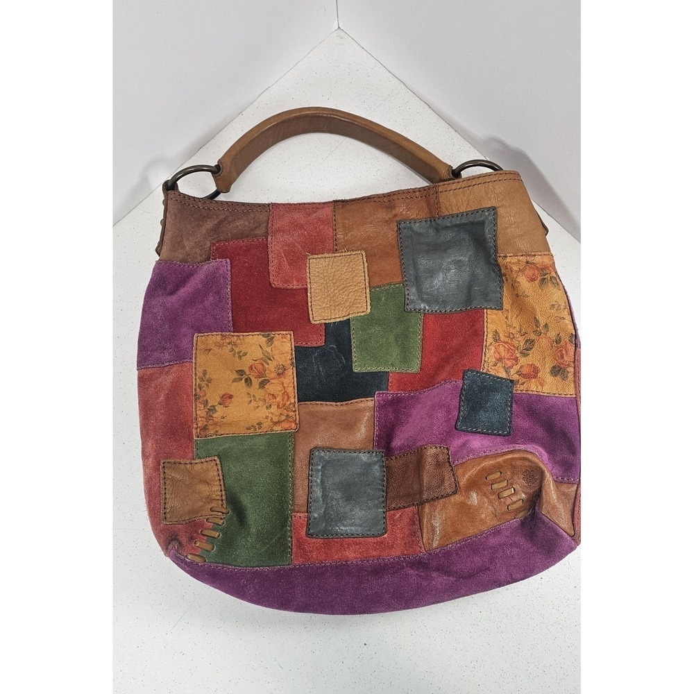 VTG Lucky Brand Y2K Boho Patchwork Leather Suede Hobo Bag Multicolor Magnet - Picture 3 of 10